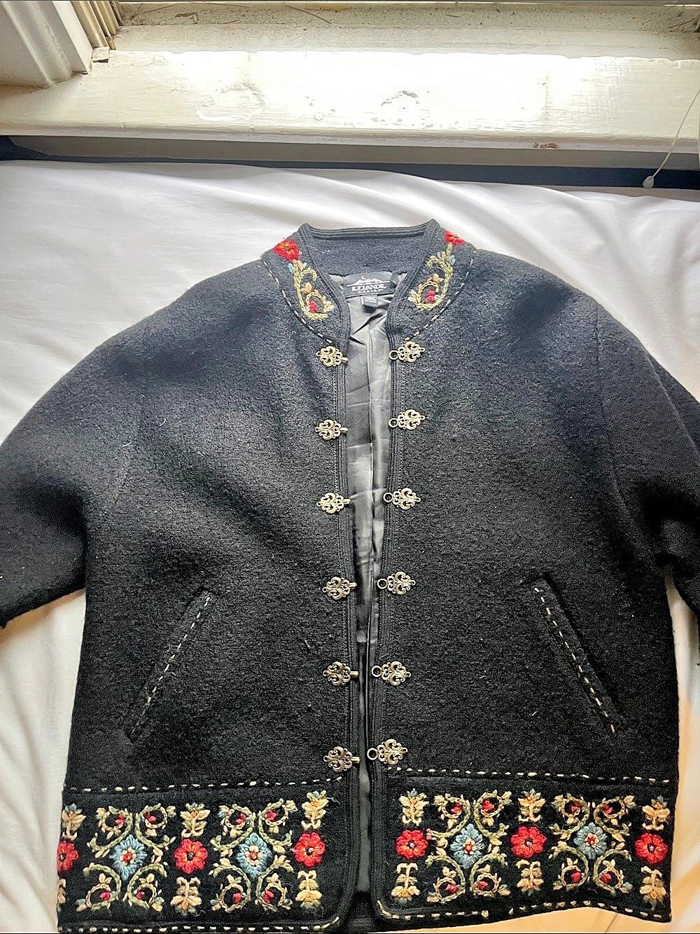 Icelandic Design Embroidered Floral Pea Coat Black & Multicolor Large